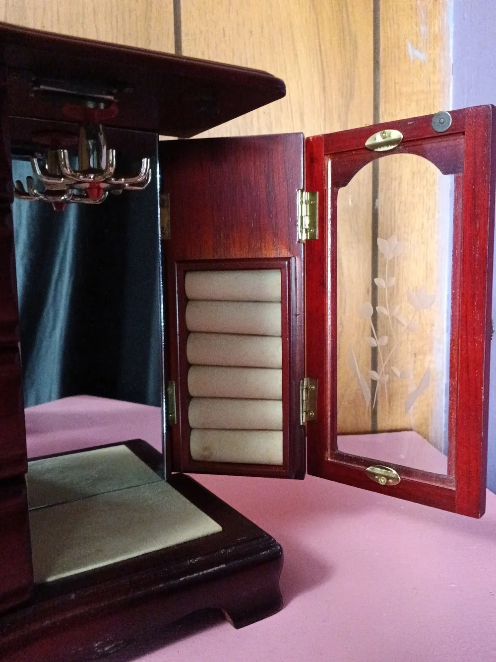 Elegant Red Wooden Jewelry Organizer Armoire